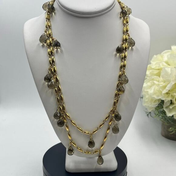J. Crew Champagne Tan Colored Faceted Glass Drops Dangle Long Necklace - Picture 1 of 10